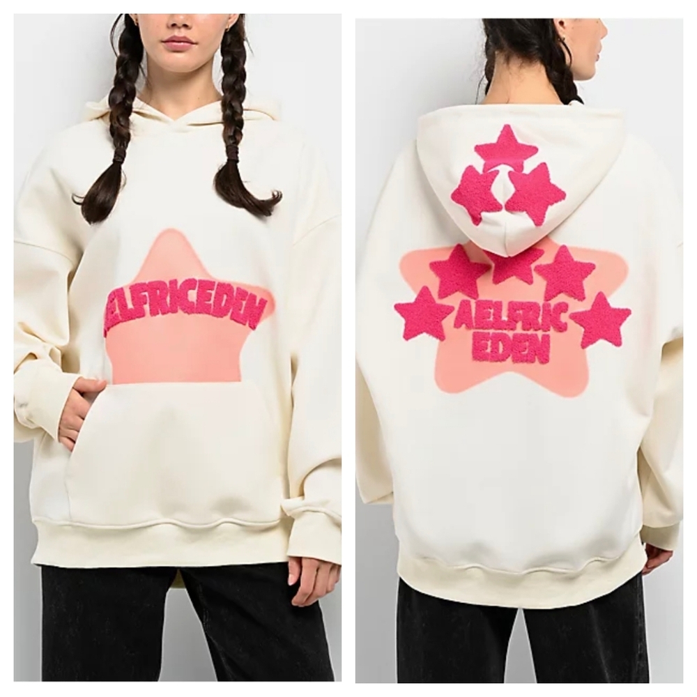 AELFRIC EDEN Star Vintage Hoodie In Cream Pink Oversized Small